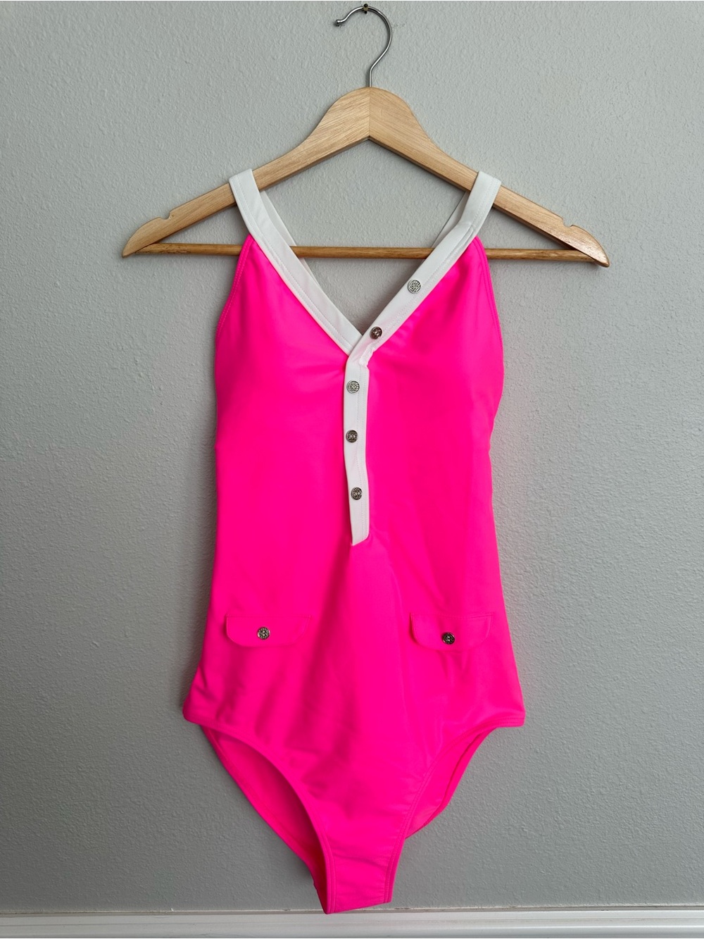 Neon Pink One-Piece Swimsuit with White Trim NWT